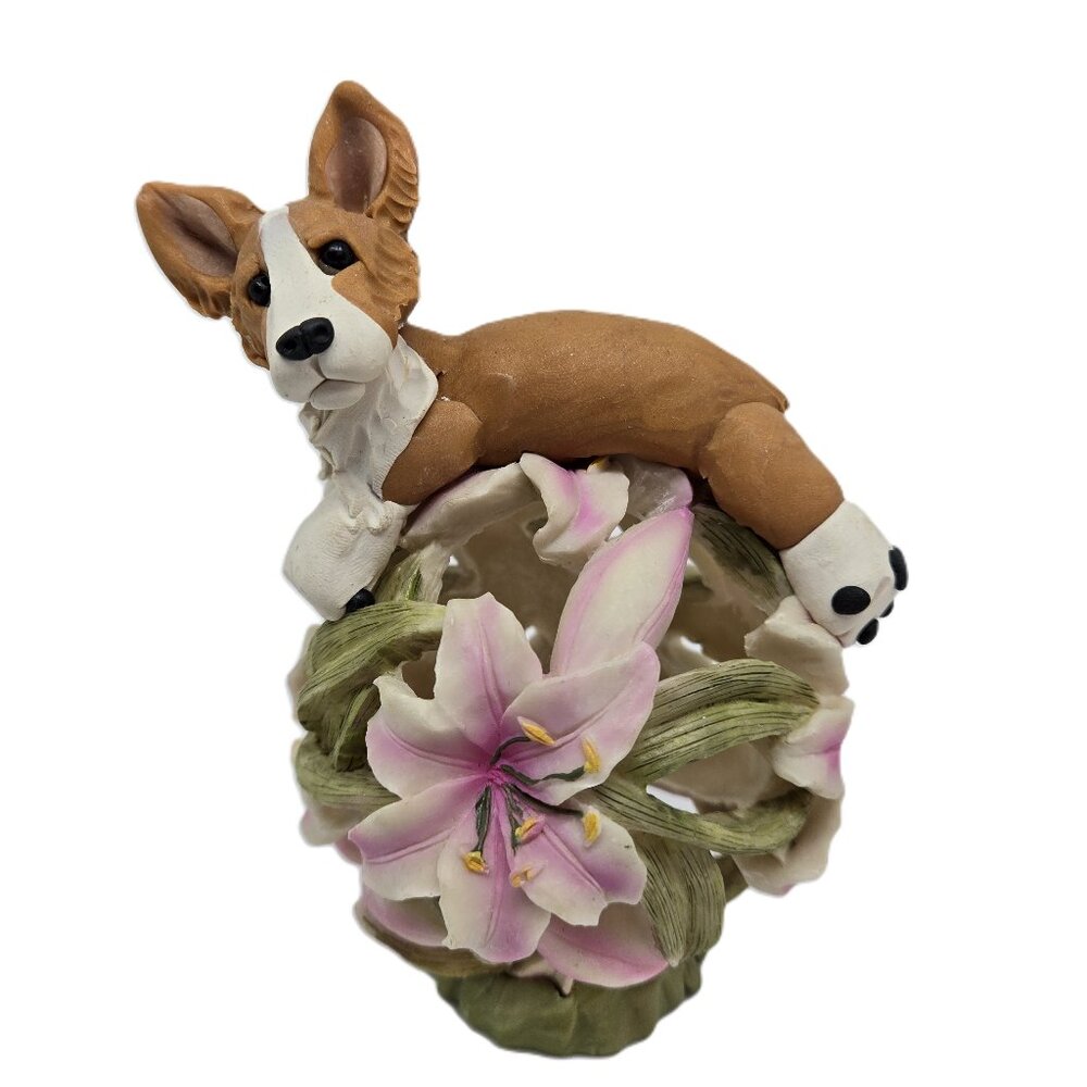 Sculpted Corgi on Top of a Ball of Pink Lilies Figurine, 2006